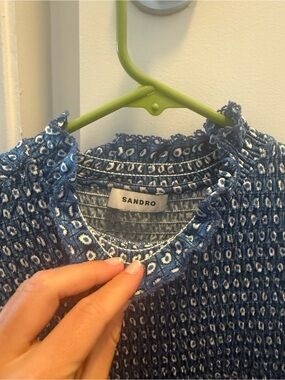 Sandro Navy Blue Floral Smocked Neck Top